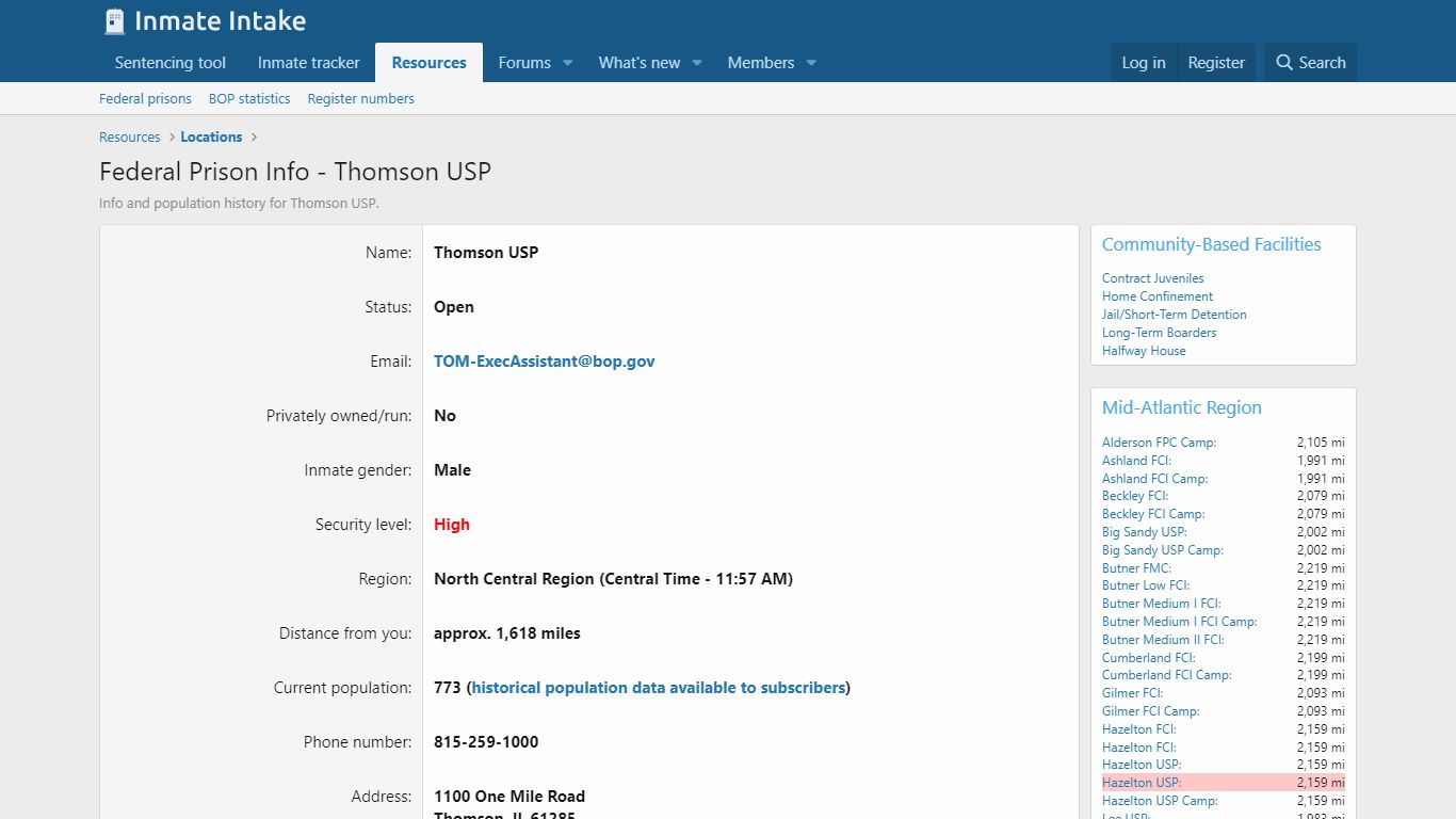 Federal Prison Info - Thomson USP | Inmate Intake