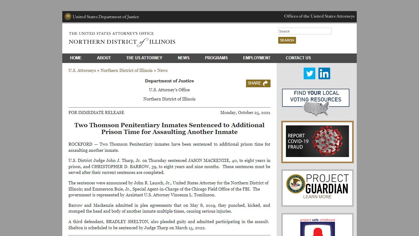 Two Thomson Penitentiary Inmates Sentenced to Additional ...